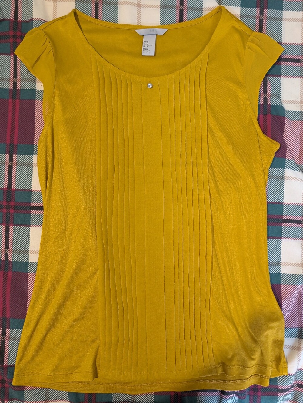 H&M Mustard Yellow Pleated Scoop Neck Top Shirt